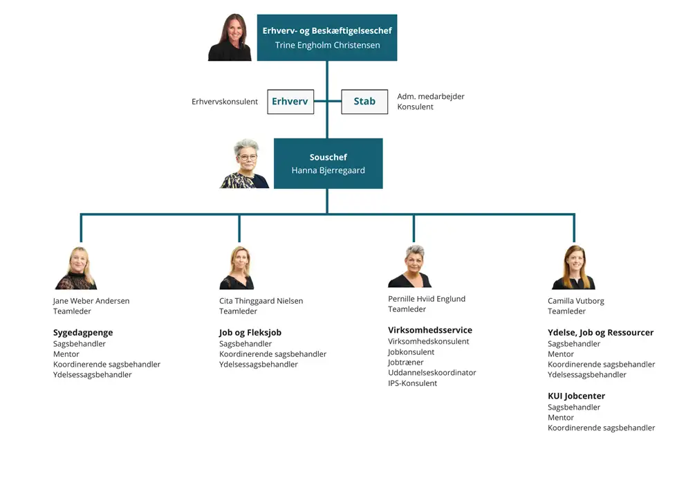 På billedet ses et grafisk opstillet organisationsdiagram, der viser organiseringen i Erhverv og Beskæftigelse i Thisted Kommune. Hvis du har synsudfordringer og har brug for at få beskrevet organisationsdiagrammet, kan du ringe på 99 17 17 17.